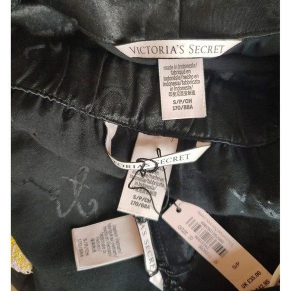 Victoria's Secret Pajama Set Black Satin sz S Top+ Short Wrap Kimono Robe Logo - Picture 10 of 11